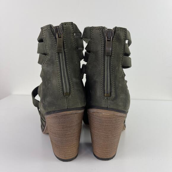 Free People Hybrid Gray Green Leather Strappy Ankle Boots Wood Heel 38 7.5/8 - Picture 4 of 8
